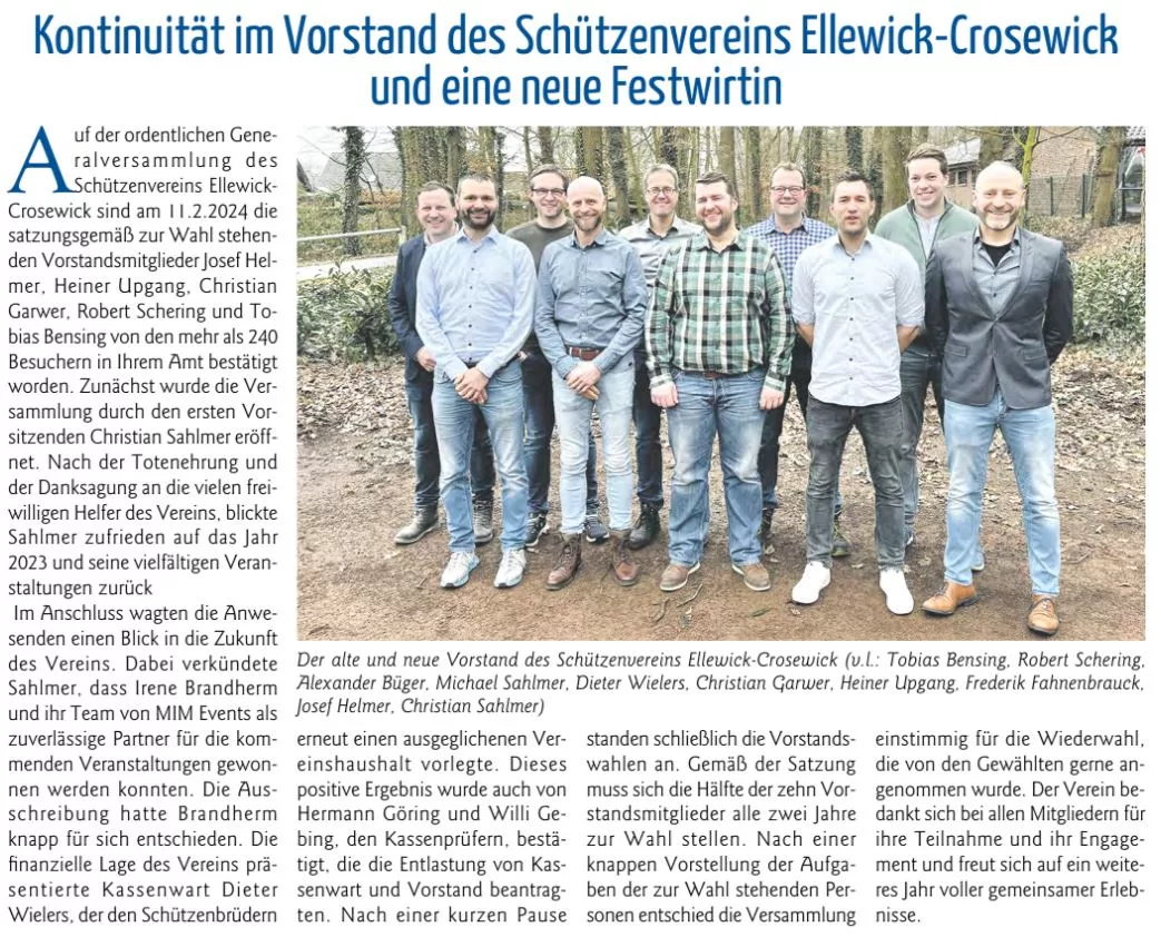 Read more about the article Kontinuität im Vorstand des Schützenvereins Ellewick-Crosewick und eine neue Festwirtin